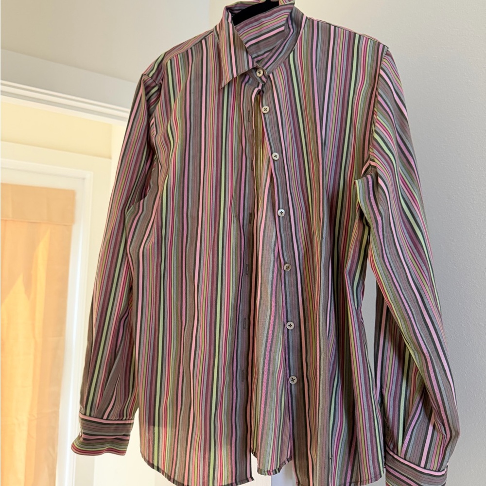 Foxcroft Striped Button-Up Shirt in Pink, Green & Purple